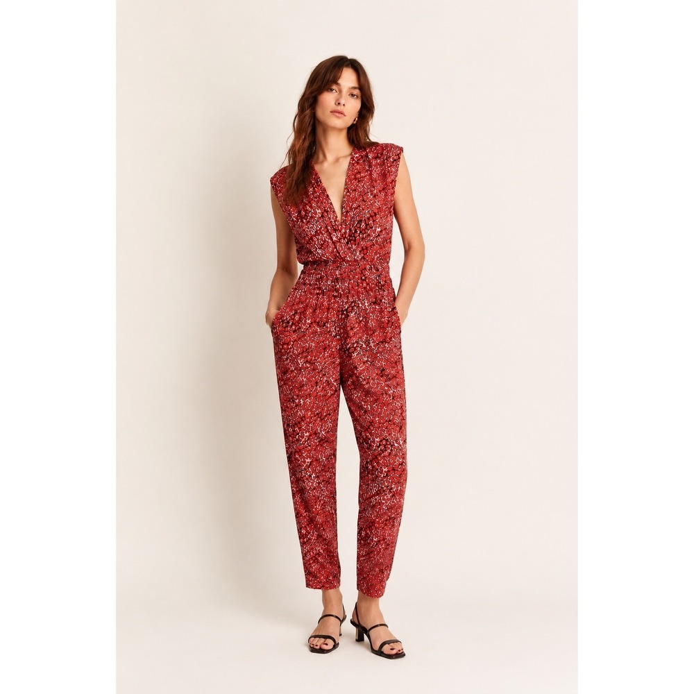 Maje Red Leopard Print Smocked Waist V-Neck Jumpsuit Size 40 US M